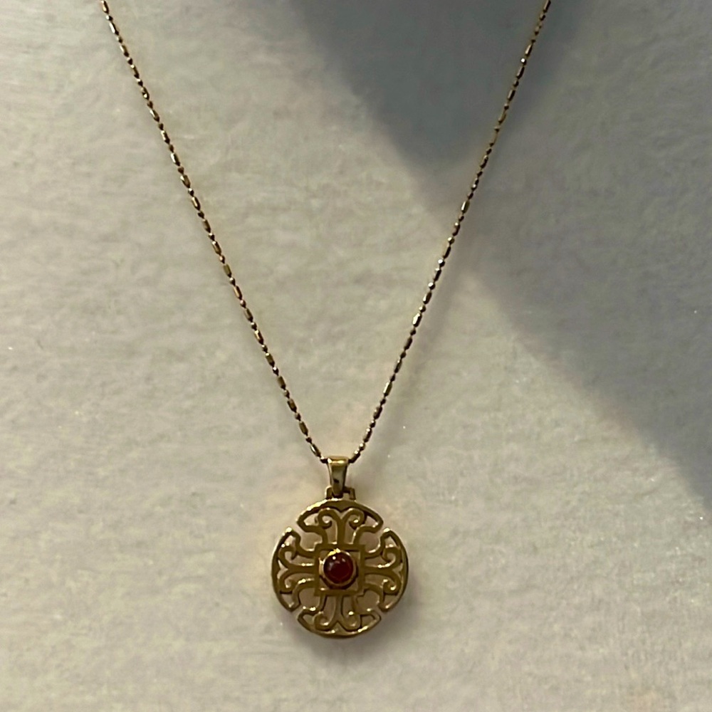 James Avery 14K gold necklace & pendant with small ruby. Retired